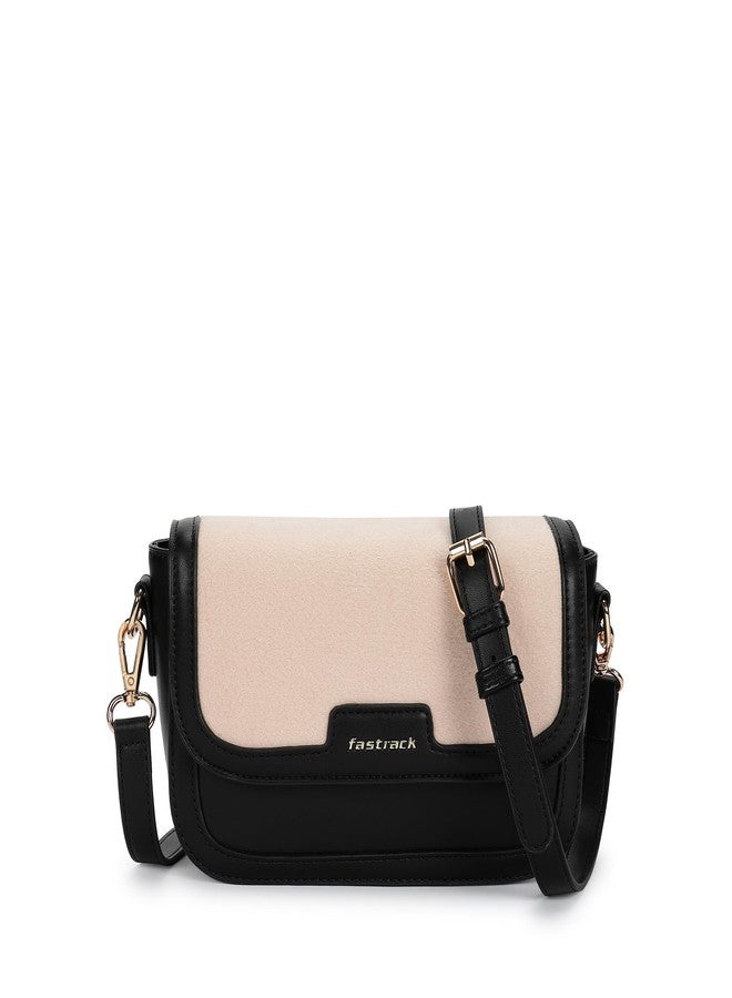Fastrack Sherpa-Panel Sling Bag for Women | Faux Leather Crossbody with Zipper Closure, Gold Hardware and Detachable Strap | Compact Textured Bag for Casual and Evening Outfits - Image 1